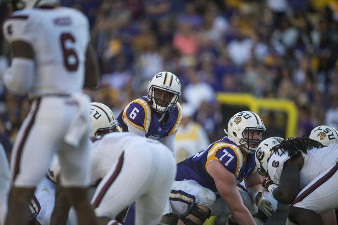 LSU sophomore quarterback Brandon Harris (6) gets ready for the play during the Tigers&#8217; 45-24 victory against the University of South Carolina on Saturday, Oct. 10, 2015 in Tiger Stadium.