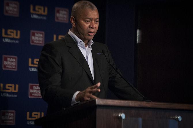 LSU head coach Johnny Jones discusses the upcoming basketball season with members of the media on Monday, Oct. 26, 2015, in the Athletic Administration Building.