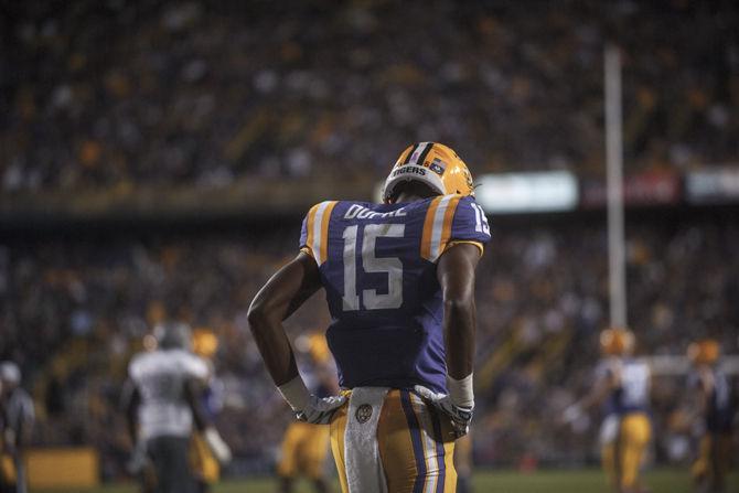 LSU sophomoe wide receiver Malachi Dupre (15) looks down during the Tigers&#8217; 44-22 victory against Eastern Michigan on Saturday, Oct. 03, 2015 in Tiger Stadium.