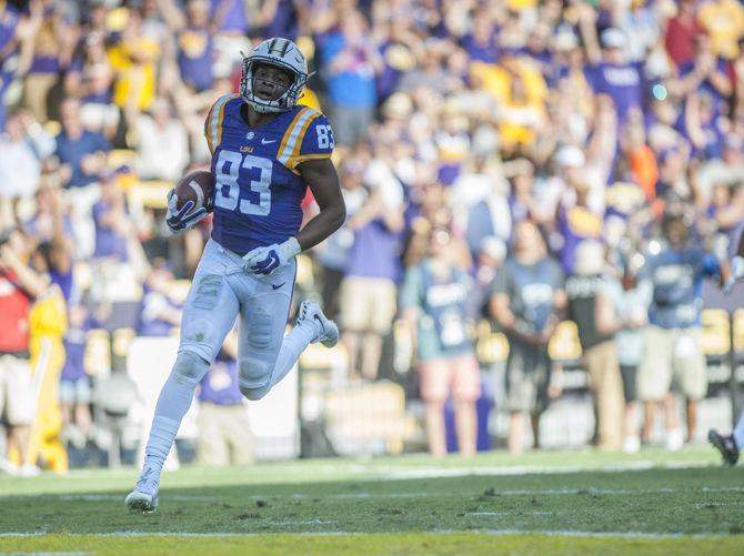 LSU junior wide receiver Travin Dural (83) scores a touchdown during the Tigers’ 45-24 victory against the University of South Carolina on Saturday, Oct. 10, 2015 in Tiger Stadium.