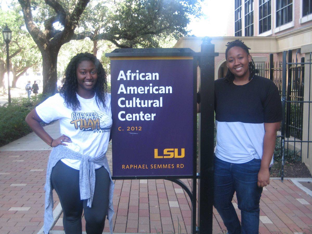 Destinee Merida (left) and Megan Gilliam (right) stand in front of the African American Cultural Center, where they helped plan the LSU 12 Percent Awards and Black and White Gala.