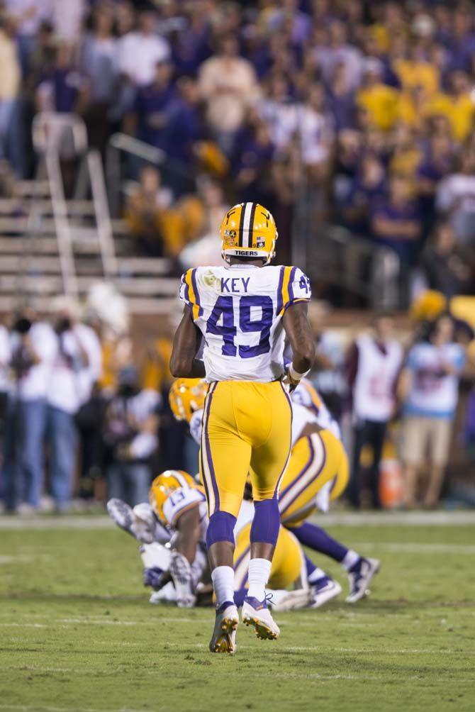 LSU Freshman Defensive End, Arden Key (49), jogs the field in between plays during the Tigers 21-19 victory over Mississippi State on Saturday, at Davis Wade Stadium.