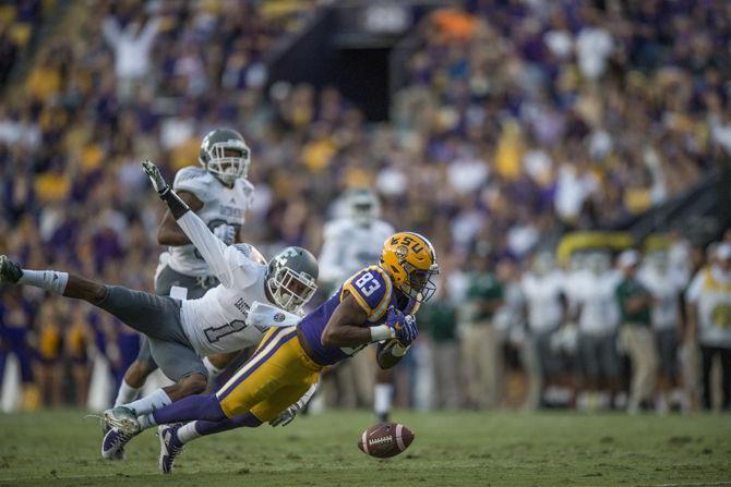 LSU junior wide receiver Travin Dural (18) misses a catch during the Tigers' 44-22 victory Eastern Michigan on Saturday, Oct. 03, 2015 in Tiger Stadium.