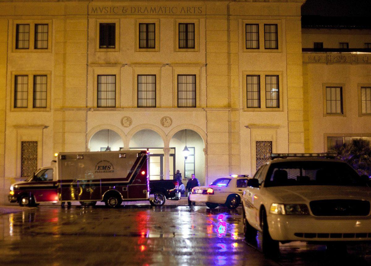 LSU Police Department officers and Emergency Medical Service paramedics respond to two-pedestrian hit and run accident Wednesday night in front the Music and Dramatic Arts building. Sgt. Blake Tabor, LSUPD spokesman, said a maroon vehicle is suspected to have hit the victims, and both victims sustained injuries to their legs.