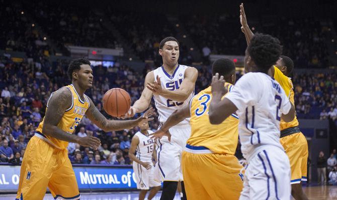 LSU freshman forward Ben Simmons (25) passes the ball during LSU's 81-70 victory over McNeese State University on Friday, Nov. 13, 2015 in the Pete Maravich Assembly Center.