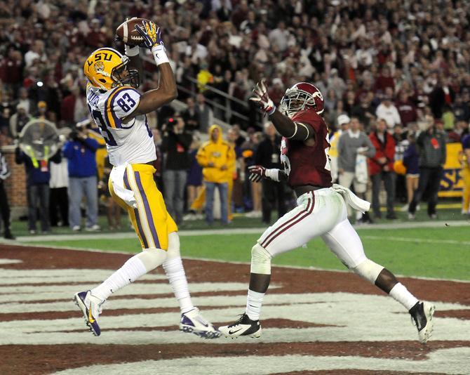 LSU freshman wide receiver Travin Dural (83) catches a touchdown pass during the first half of the LSU-Alabama game in Bryant-Denny Stadium in Tuscaloosa, AL.