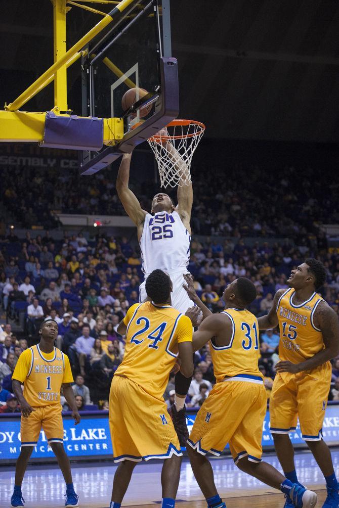 LSU freshman forward Ben Simmons (25) dunks the ball during LSU's 81-70 victory over McNeese State University on Friday, Nov. 13, 2015 in the Pete Maravich Assembly Center.