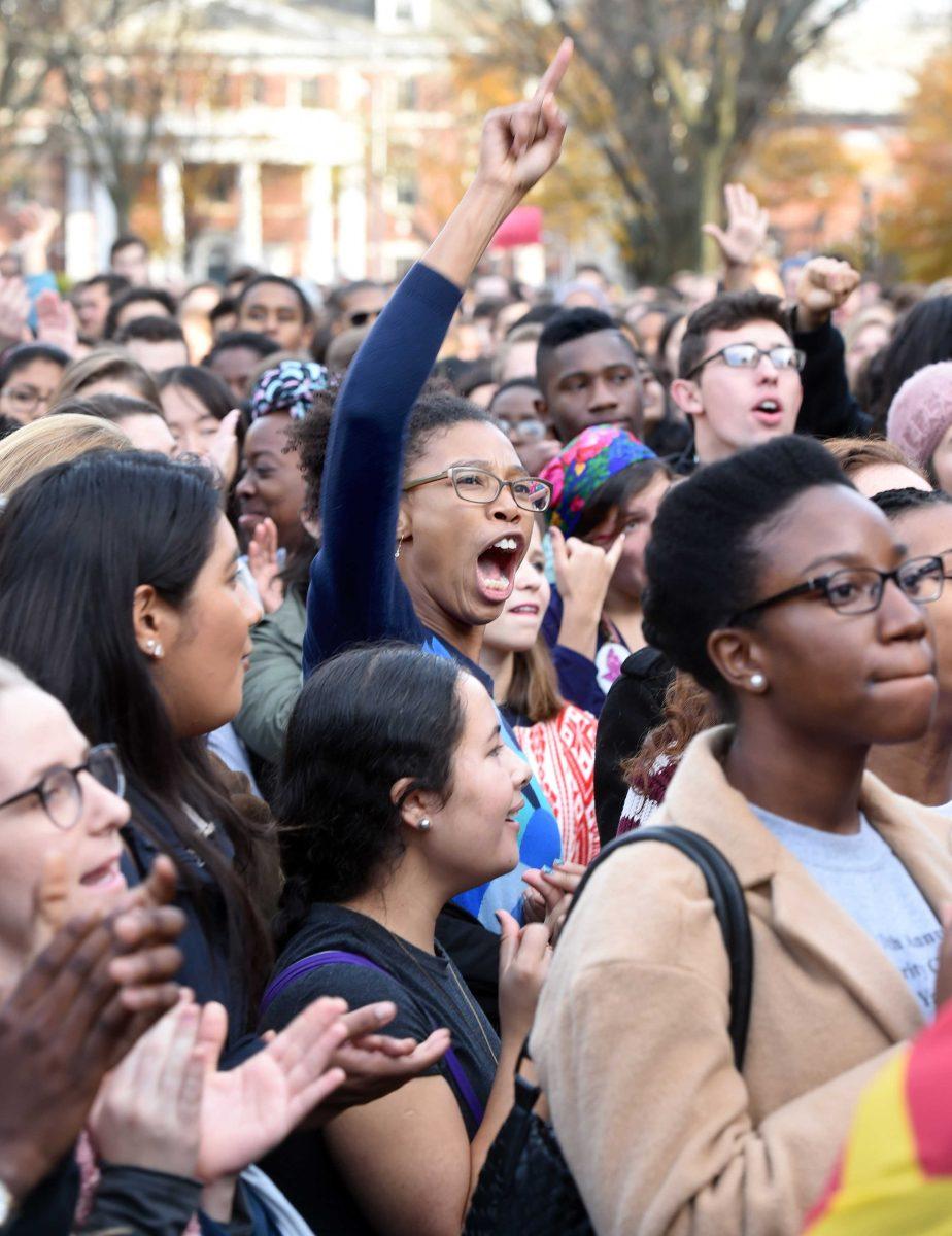 FILE - In this Nov. 9, 2015, file photo, Yale University students and faculty rally to demand that Yale University become more inclusive to all students on Cross Campus in New Haven, Conn. At schools including Michigan and Yale, students say the protests that led to the resignation of Missouri President Tim Wolfe are emboldening them to take a harder line. (Arnold Gold/New Haven Register via AP) MANDATORY CREDIT