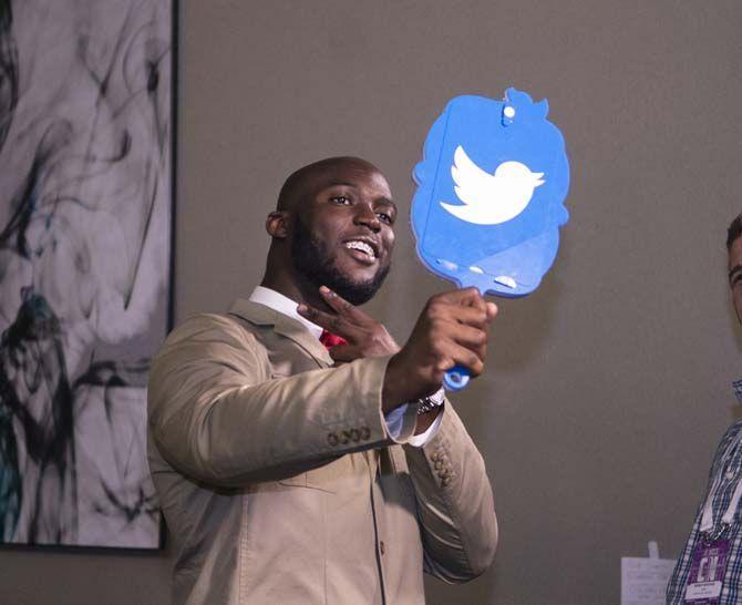 LSU sophomore running back, Leonard Fournette (27), takes a selfie for Twitter during SEC Media Days on Thursday, July 16, 2015 in Hoover, Alabama.