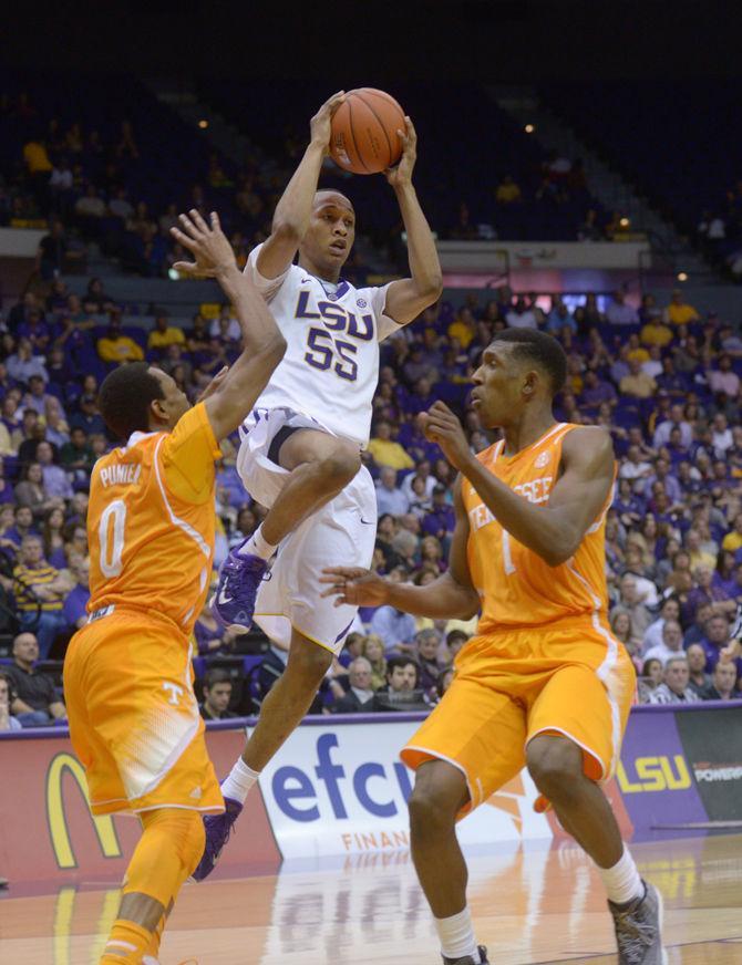 LSU sophomore guard Tim Quarterman (55) jumps to pass the ball Wednesday, Mar. 4, 2015 during the Tigers' 78-63 loss against Tennessee in the Pete Maravich Assembly Center.