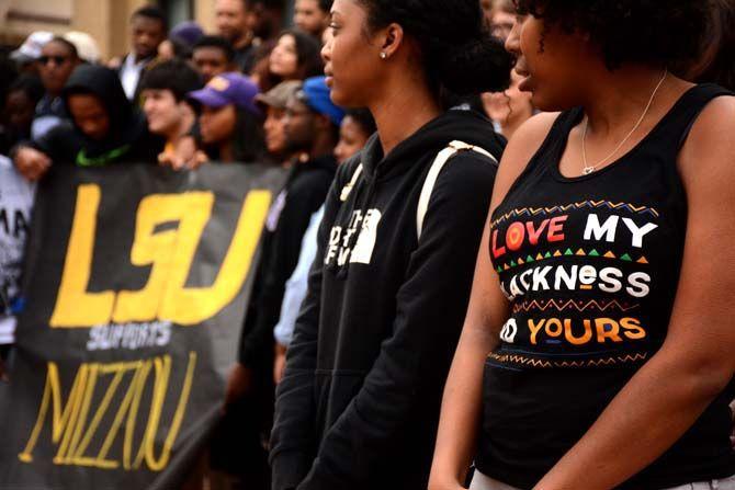 LSU students gather at the Memorial Tower Thursday, Nov. 12, 2015, in solidarity with University of Missouri students protesting racial issues.