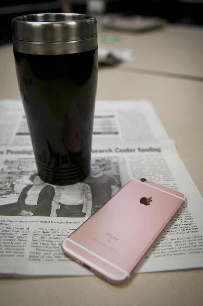 A student uses her recently upgraded smartphone of choice on Wednesday, Oct. 7, 2015, in Hodges Hall.