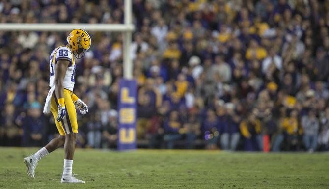 LSU junior wide receiver Travin Dural (83) walks off the field during the Tigers' 31-14 defeat against the University of Arkansas on Nov. 14. 2015 in Tiger Stadium.