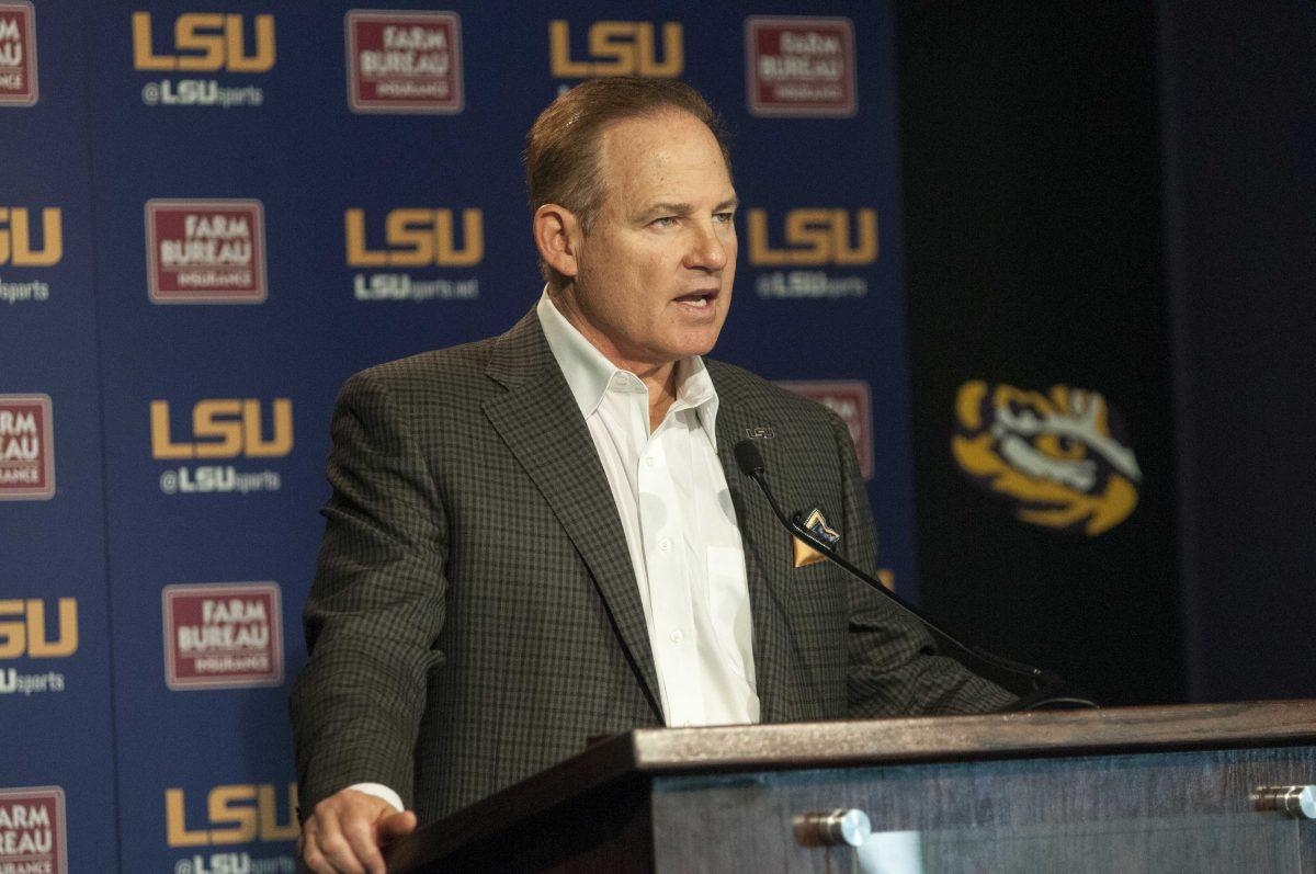 LSU coach Les Miles addresses the media during his weekly Subway Fresh Take by Les Miles&#8217; press conference on Monday, Nov. 16, 2015 in the athletic administration building.