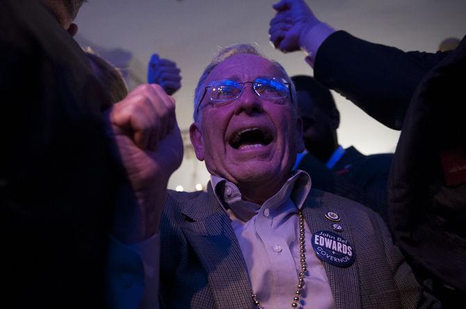 An audience of supporters cheer after governor-elect John Bel Edwards wins the election on Saturday, Nov. 21, 2015 at The Monteleone hotel in New Orleans.