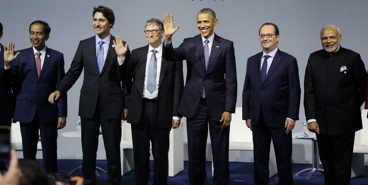 From the left, President of Indonesia Joko Widodo, Canadian Prime Minister Justin Trudeau, Microsoft CEO Bill Gates, US President Barack Obama, French President Francois Hollande and Indian Prime Minister Narendra Modi attend the 'Mission Innovation: Accelerating the Clean Energy Revolution' meeting at the COP2, United Nations Climate Change Conference, in Le Bourget, north of Paris, Monday, Nov. 30 2015. (Ian Langsdon, Pool photo via AP)