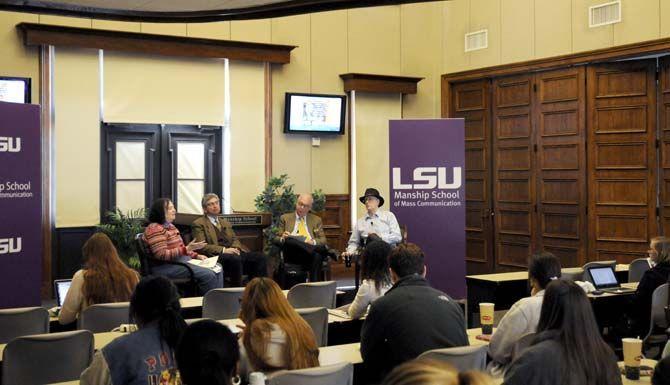 Mass communication professor Judith Sylvester, National Public Radio Ombudsman Edward Shumacher-Matos, Manship School Dean Jerry Ceppos and Manship School Lamar Family Visiting Scholar Steve Buttry participate in a panel discussion on media ethics Friday, Feb. 6, 2015 in the Journalism Building's Holliday Forum.