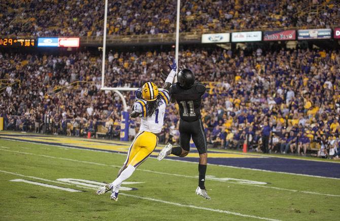 LSU freshman defensive back Donte Jackson (1) intercepts the pass from Texas A&amp;M quarterback Kyle Allen (10) during the Tigers' 19-7 victory against Texas A&amp;M University on Saturday, Nov. 28, 2015 in Tiger Stadium.