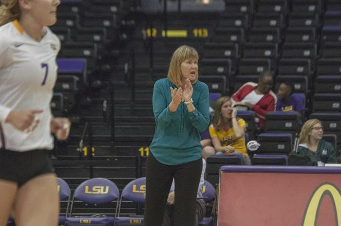 LSU Volleyball Head Coach Fran Flory on Friday, Nov. 20, 2015 during the Tigers' loss the University of Florida in the PMAC.