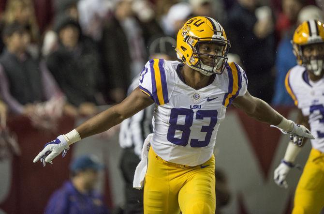 LSU junior wide receiver Travin Dural (83) celebrates after scoring a touchdown during the Tigers' 30-16 defeat against The University of Alabama on Saturday, Nov. 7, 2015 in the Bryant-Denny Stadium.