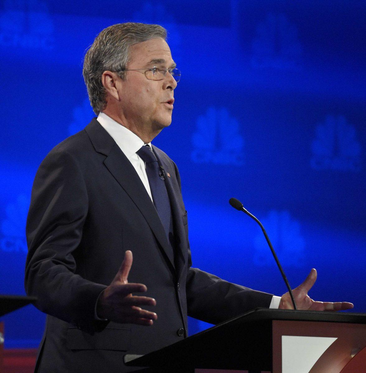 Jeb Bush makes a point during the CNBC Republican presidential debate at the University of Colorado, Wednesday, Oct. 28, 2015, in Boulder, Colo. (AP Photo/Mark J. Terrill)