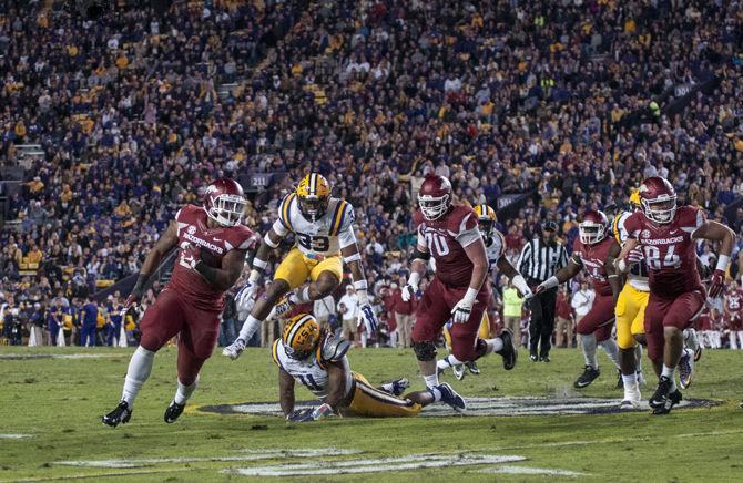 Arkansas junior running back Kody Walker (24) rushes towards the end zone during the Tigers' 31-14 defeat against The University of Arkansas on Saturday, Nov. 14, 2015 in Tiger Stadium.