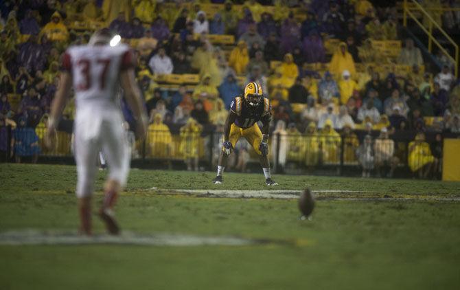 LSU senior linebacker Lamar Louis (11) waits for a kickoff during the Tigers&#8217; 48- 20 victory against Western Kentucky on Saturday, Oct. 24, 2015 in Tiger Stadium.