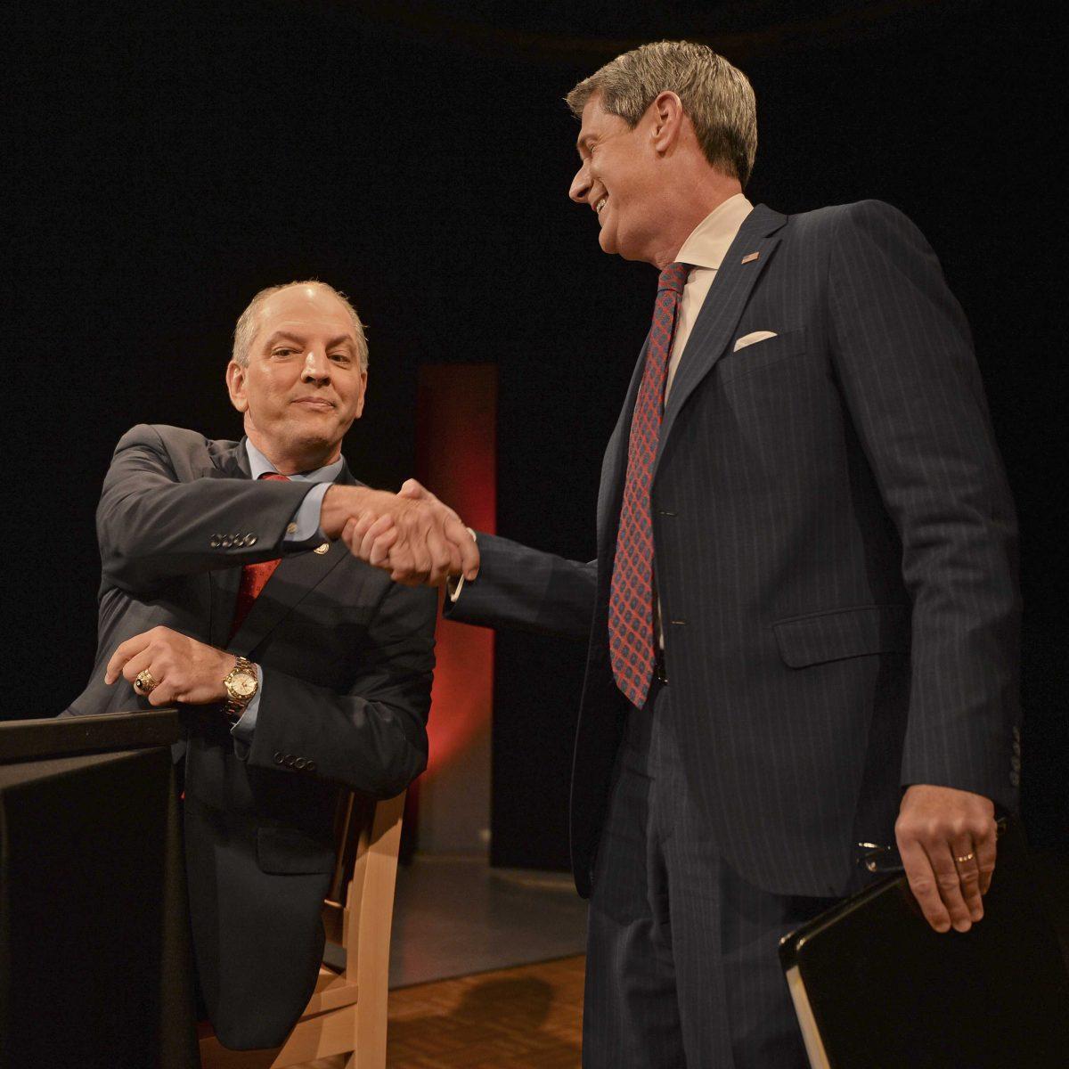 Louisiana gubernatorial candidates, state Rep. John Bel Edwards, D-Baton Rouge, left, and U.S. Sen. David Vitter, R-La., shake hands ahead of a debate, Tuesday, Nov. 10, 2015, at LPB Studios in Baton Rouge, La. (Hilary Sheinuk/The Advocate via AP)&#160;