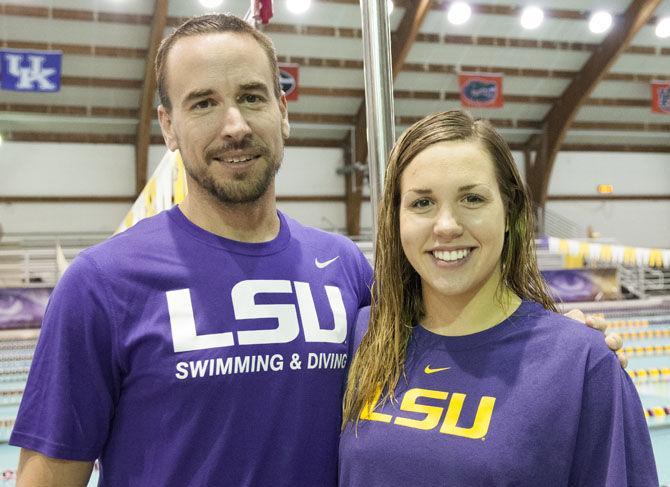 LSU swimming junior butterfly/individual medley Kara Kopcso and head coach Dave Geyer on Tuesday, Nov. 3, 2015 in the LSU Natatorium.