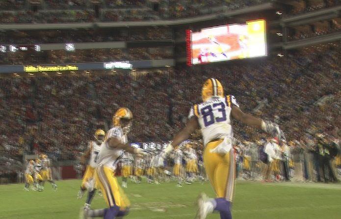 Travin Dural celebrates after scoring a touchdown against Alabama to cut the Tide lead to 10-7 in the second quarter.&#160;