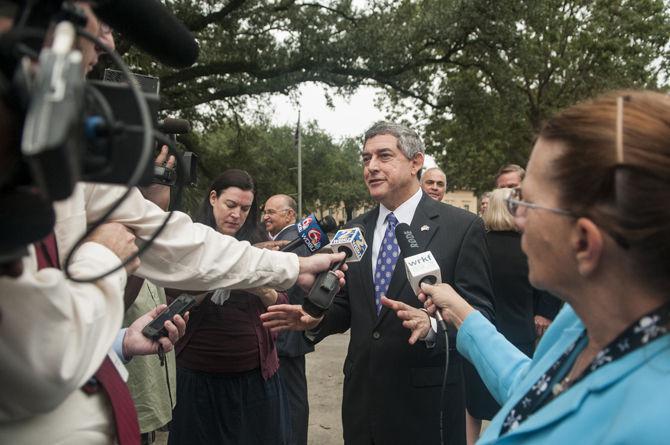 Republican Lt. Gov. Jay Dardenne, a fourth-place finisher in the recent gubernatorial primary, officially endorsed Democrat John Bel Edwards for governor during a speech given on Thursday, Nov. 5, 2015 in Free Speech Alley.