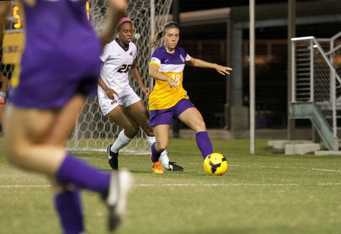 LSU freshman forward Gabriela Maldonaldo (18) looks to pass the ball on Friday, Oct. 9, 2015 during the Tigers&#8217; 2-1 win against the University of Missouri the at the LSU Soccer Stadium.