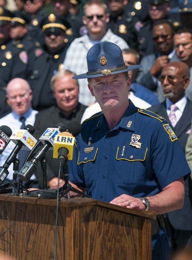 Louisiana State Police Col. Mike Edmonson gives a commemorating speech to the citizens and law enforcement at the rally on Monday Sept. 14, 2015, at the Louisiana State Capitol.