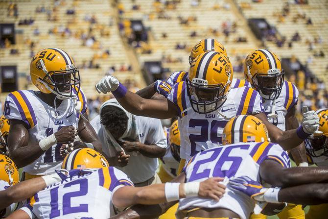 LSU junior safety Rickey Jefferson (29) leads the chant in the deffensive huddle during the Tigers&#8217; 45-21 victory against Auburn on Saturday, Sept. 19, 2015 in Tiger Stadium