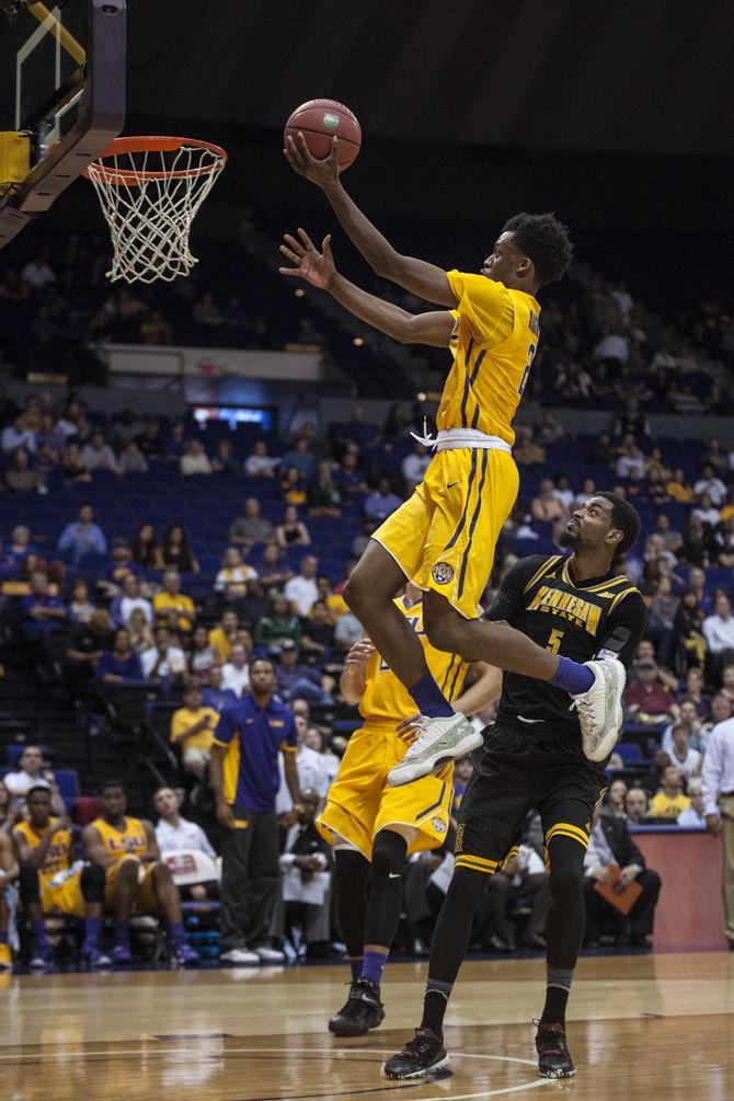 LSU freshman guard Antonio Blakeney (2) lays up the ball during the Tigers' 91-69 victory against Kennesaw State University on Monday, Nov. 16, 2015 in the PMAC.