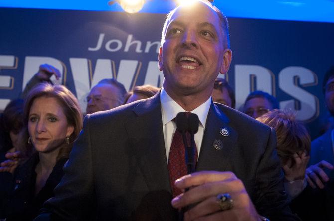 Gubernatorial candidate John Bel Edwards gives a victory speech to an audience of supporters after winning the election on Saturday, Nov. 21, 2015 at The Monteleone hotel in New Orleans.