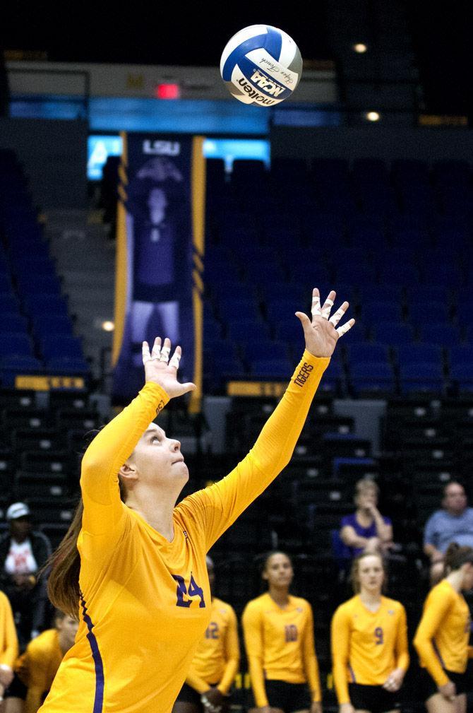 LSU senior Cati Leak (24) serves the ball Sunday, Sept. 13, 2015, during the Tigers' 3-1 loss against Miami in the PMAC.