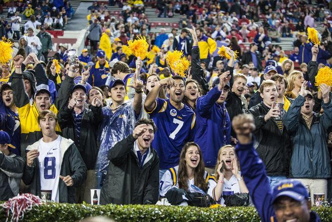 LSU fans support their team during the Tigers' 30-16 defeat against The University of Alabama on Saturday, Nov. 7, 2015 in the Bryant-Denny Stadium.