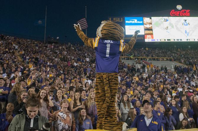 Mike the tiger cheers fans up during the Tigers' 44-22 victory against Eastern Michigan on Saturday, Oct. 03, 2015 in Tiger Stadium.