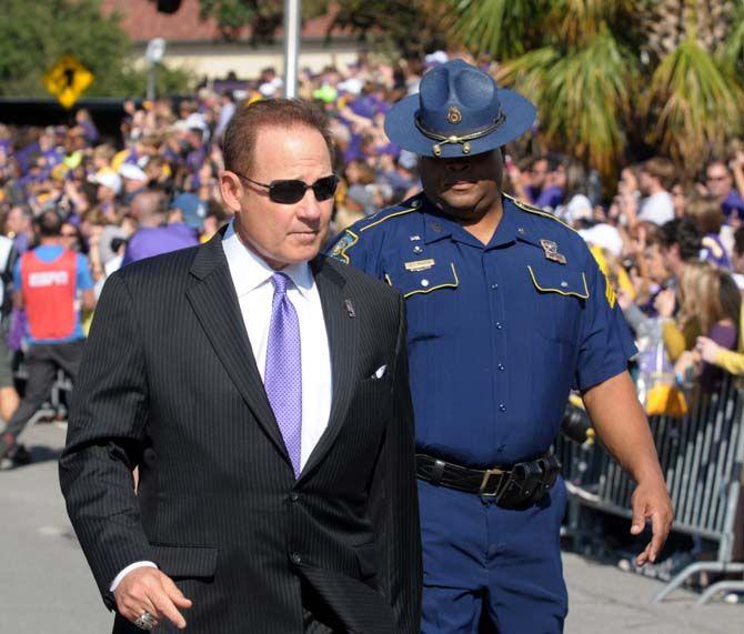 LSU coach Les Miles walks down victory hill Saturday October 3 2015, outside of Tiger Stadium.