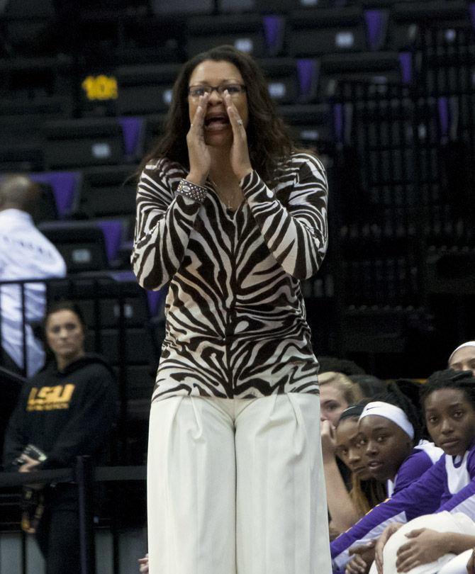 LSU Women's Basketball Head Coach Nikki Fargas on Saturday, Nov. 21, 2015 during the Tigers' 59-53 over Long Beach State University in the PMAC.