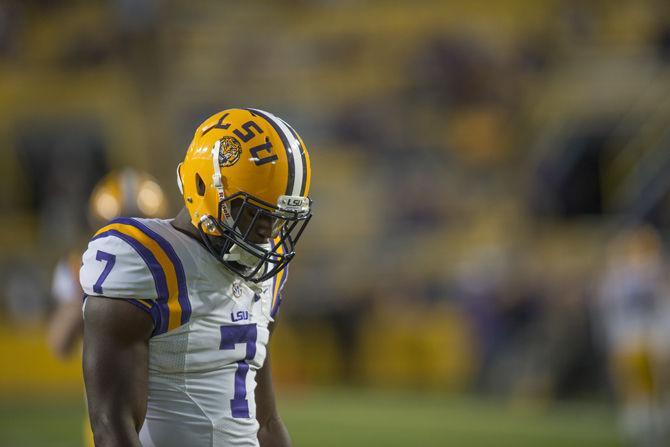 <p>LSU sophomore running back Leonard Fournette (7) looks down before the Tigers' 31-14 defeat against The University of Arkansas on Saturday, Nov. 14, 2015 in Tiger Stadium.</p>