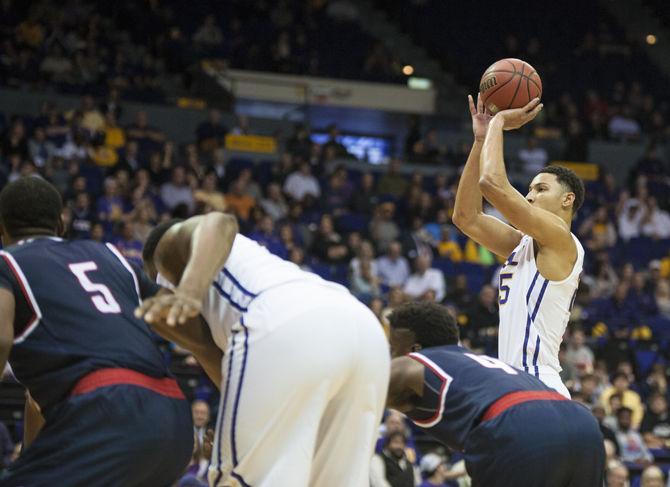 LSU freshman forward Ben Simmons (25) shoots a free throw during the Tigers' 78-66 victory against the University of South Alabama on Thursday, Nov. 19, 2015 in the PMAC.