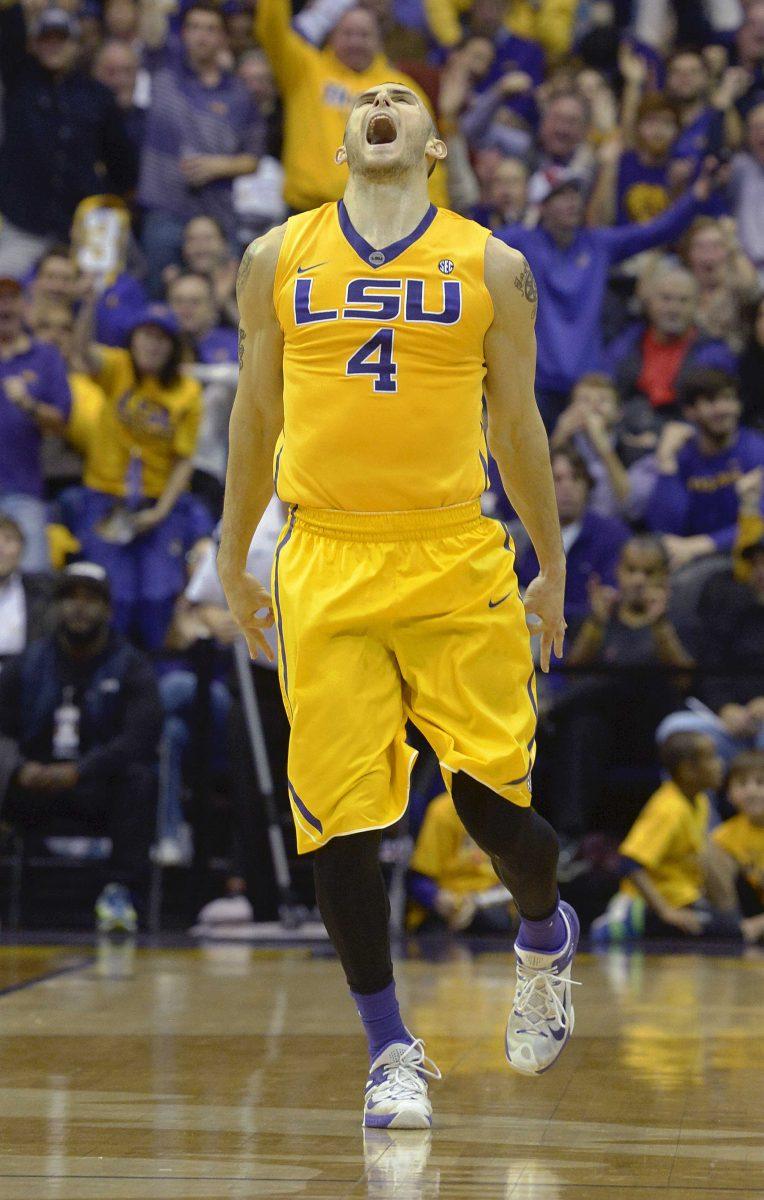 LSU guard Keith Hornsby (4) celebrates a three point shot he made during the first half of an NCAA college basketball game in Baton Rouge, La., Tuesday, Jan. 5, 2016. (AP Photo/Bill Feig)