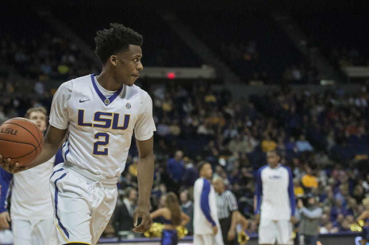 LSU freshman guard Antonio Blakeney (2) dribbles the ball during warmups before the Tigers' 90-81 victory against the Ole Miss on Wednesday, Jan. 13, 2016 in the PMAC