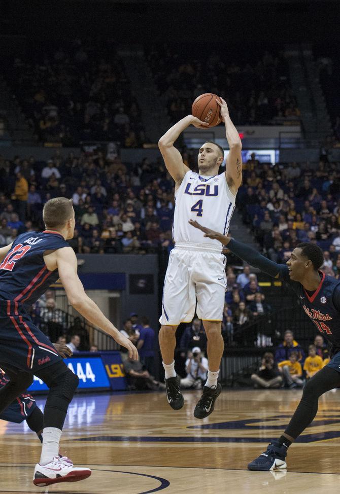 LSU senior guard Keith Hornsby (4) shoots the ball during the Tigers' 90-81 victory against Ole Miss on Wednesday, Jan. 13, 2016 in the PMAC.