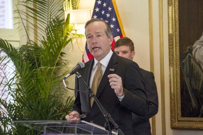 LSU President, F. King Alexander, speaks at the ribbon cutting ceremony on Thursday, January 28, 2016 in honor of rennovations being completed at the French House.