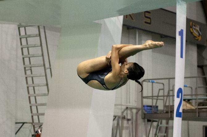 LSU senior diver Cassie Weil performs a dive during the LSU Swimming and Diving meet against Tulane on Oct. 9, 2015, in the Natatorium.