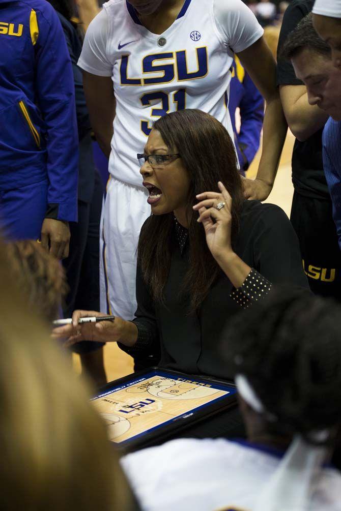 LSU womens basketball coach Nikki Caldwell discusses play maneuvers during their 88-57 win against Union on Wednesday Nov. 4, 2015, in the LSU Pete Maravich Assembly Center.