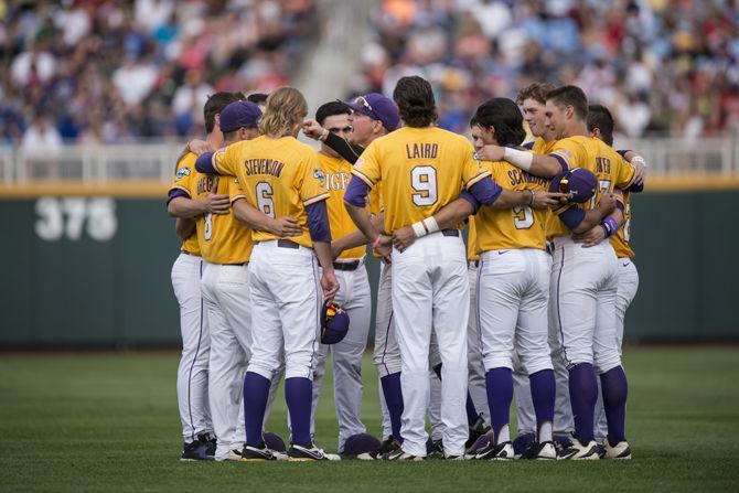 LSU baseball team huddles during the Tigers' 8-4 final defeat against TCU in the NCAA Men's College World Series on Thursday, June 18, 2015 at the TD Ameritrade Park in Omaha.